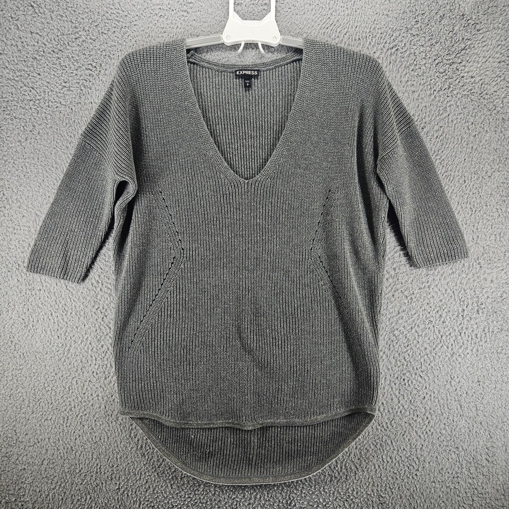 Express Women Gray Metallic V-Neck High Low Tunic Sweater Small